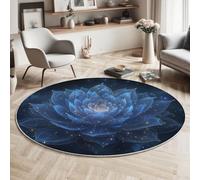 HASLEFND 180cm Dreamy Flowers Blue Lotus Pattern Round Area Rug for Kids Room, Playroom, Office, Unisex, All Seasons, Washable, Non Slip, Low Pile, Dark Blue, Indoor, Decorative Floor Covering