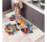 HASLEFND 2 Pieces Kitchen Rug Non Slip Washable, Yellow Abstract Animals Colorful Feather Wolf Head Kitchens Mat Sets For Kitchen, Hallway, Dining Room and Entryway and Home Decoration,40x60+40x120cm