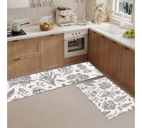 HASLEFND 2 Pieces Kitchen Rugs and Mats, Hand-Drawn Lines Rose Iris Moth Non-slip Floor Mat, Black And White Water Runner Set Machine Washable, 45x75+45x150cm