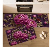 HASLEFND 2 Pieces Kitchen Rugs and Mats, Plants And Flowers Blooming Peonies Non-slip Floor Mat, Deep Pink Water Runner Set Machine Washable, 40x60+40x120cm