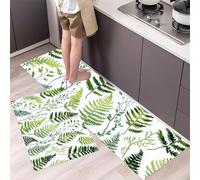 HASLEFND 2 Pieces Non Slip Kitchen Rug Set, Green Simple Plants Fern Leaves Floor Mats, Kitchen Carpets and Rugs for Home Dining Room and Entryway, 45x75+45x150cm