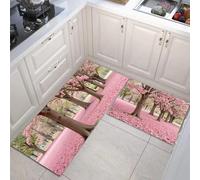 HASLEFND 2 Pieces Non Slip Kitchen Rug Set, Pink Floral Illustrations Spring Cherry Blossom Trees Floor Mats, Kitchen Carpets and Rugs for Home Dining Room and Entryway, 40x60+40x120cm