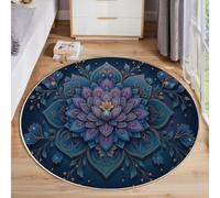 HASLEFND 60cm Mandala Wind Multi-Layered Lotus Pattern Round Area Rug for Kids Room, Playroom, Office, Unisex, All Seasons, Washable, Non Slip, Low Pile, Dark Blue, Indoor, Decorative Floor Covering