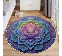 HASLEFND 80cm 3D Relief Art Blooming Lotus Pattern Round Area Rug for Kids Room, Playroom, Office, Unisex, All Seasons, Washable, Non Slip, Low Pile, Blue-Purple, Indoor, Decorative Floor Covering