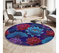 HASLEFND 80cm Oriental Art Blooming Lotus Pattern Round Area Rug for Kids Room, Playroom, Office, Unisex, All Seasons, Washable, Non Slip, Low Pile, Red And Blue, Indoor, Decorative Floor Covering