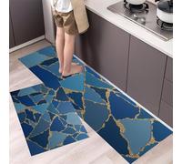 HASLEFND Abstract Art Kitchen Rug Sets 2 Piece Kitchen Mats Non Slip Washable Kitchens Runners Floor Mat Gold Irregular Blue Blocks for Kitchens Laundry Room Hallway 50x80+50x150cm