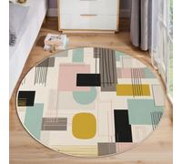 HASLEFND Abstract Geometry Round Rugs for Living Room 60cm, Pink Square Lines Floor Rug Machine Washable Mint Green Carpet Floor Mat, Non Slip Soft Circle Rug for Bedroom Home Decor