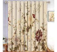 HASLEFND Blackout Curtains, Thermal Insulated Curtains, Retro Floral Peony Branches And Leaves Ring Top Curtain for Bedroom Living Room, 46" W x 72" L, Beige Brown, 2 panels