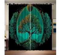HASLEFND Blackout Curtains, Thermal Insulated Curtains, Retro Mysterious Style Trees Full Moon Ring Top Curtain for Bedroom Living Room, 66" W x 72" L, Green, 2 panels