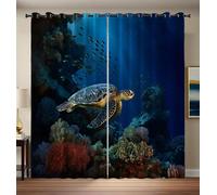 HASLEFND Blackout Thermal Curtains for Living Room 长 Inch Drop Blue Eyelet Curtains for Bedroom Ocean World Sea Turtles, Fish, Coral Room Darkening Energy Saving Window Curtain Drapes 2 Panels