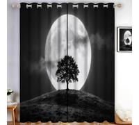 HASLEFND Blackout Thermal Dark Landscape Eyelet Curtains 46" W x 72" L Drop Bedroom | Trees On The Moon Hillside Drapes 2 Panels Living Room, Energy Saving, Noise Reduction, Room Darkening Black