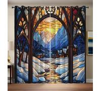 HASLEFND Blue Thermal Eyelet Curtains - 46" W x 72" L - 2 Panels - Glass Landscape Arched Window Snow Mountain Wooden House - Room Darkening Drapes for Bedroom, Living Room & Doors