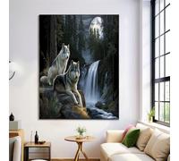 HASLEFND Canvas Wall Art, UnFramed Animal Realism Painting, Wolf Rock Waterfall Wall Decorations for Bedroom Living Room Garden Hallway Office Gallery Pet Lover Gift 70 x 100 cm