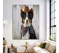 HASLEFND Canvas Wall Art, UnFramed Interesting Animals Painting, Sheepdog Wearing A Cowboy Hat Wall Decorations for Bedroom Living Room Garden Hallway Office Gallery Pet Lover Gift 60 x 90 cm