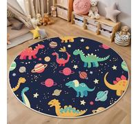 HASLEFND Cartoon AnimalsDark Blue Dinosaur Planet Round Rug Kids Playmat Children Crawling Carpet Non-slip Rug Bedroom Rugs Washable Non Shedding Ø 80cm