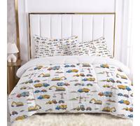 HASLEFND Cartoon Project Coverless Double Duvet Set 3 Pieces| with 2 Pillowcases Coverless Duvet with Yellow Excavator Tower Crane Washable Reversible All Seasons Lightweight Warm - 200 x 200 cm