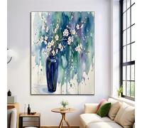 HASLEFND Cherry Blossoms Are Arranged In A Vase. Wall Art Canvas UnFramed Blue-Green Print Freehand Abstract Style Painting Canvas Poster Wall Artworks Pictures for Living Room Bedroom Home50 x 70 cm
