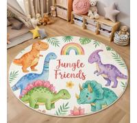 HASLEFND Circle Washable Rug 100cm - Soft Cartoon Animals Dinosaur Rainbow Palm Leaf mArea Carpet Non-Slip Backing, Machine Washable Bedside Rugs for Bedroom, Living Room & Nursery, Green