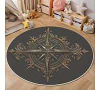 HASLEFND Circle Washable Rug 120cm - Soft Rococo Style Star Compass Carving mArea Carpet Non-Slip Backing, Machine Washable Bedside Rugs for Bedroom, Living Room & Nursery, Silver-Gray