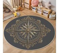 HASLEFND Circle Washable Rug 160cm - Soft Retro Nautical Style Star Navigation Compass mArea Carpet Non-Slip Backing, Machine Washable Bedside Rugs for Bedroom, Living Room & Nursery, Gold