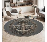 HASLEFND Circle Washable Rug 60cm - Soft Retro Nautical Style Anchor Star Compass mArea Carpet Non-Slip Backing, Machine Washable Bedside Rugs for Bedroom, Living Room & Nursery, Silver-Gray