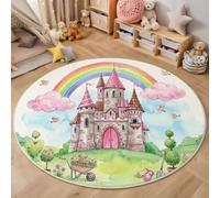 HASLEFND Circle Washable Rug 60cm - Soft Watercolor Children'S Style Castle Rainbow Clouds mArea Carpet Non-Slip Backing, Machine Washable Bedside Rugs for Bedroom, Living Room & Nursery, Pink Green