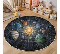 HASLEFND Colored Planet Kids Rug 180cm Round - Ultra Soft Non-Slip Nursery Play Mat, Washable Comic Book Sci-Fi Style Carpet for Bedroom Room Game Safe Area Yellow