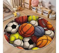 HASLEFND Comic Book Style Kids Rug 160cm Round - Ultra Soft Non-Slip Nursery Play Mat, Washable Football, Basketball, Rugby Carpet for Baby Crawling, Playroom & Bedroom Floor