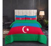 HASLEFND Coverless Duvet King Size 4.5 Tog - Blue-Green Duvet with 2 Pillowcase | National Sentiment Azerbaijan National Flag Print Soft Lightweight Comforter Set for All Seasons, 220 x 240 cm