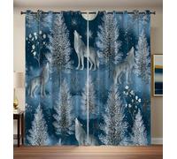 HASLEFND Dark Blue Blackout Thermal Insulated Curtains for Bedroom, 46" W x 72" L Winter Forest Grey Wolf Pine Tree Eyelet Curtains & Drapes, Soft Black Out 2 Panels for Window Living Room/Kitchen