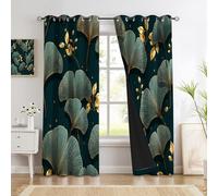 HASLEFND Dark Green Blackout Curtains for Living Room 2 Panel Set, Luxury Plants Ginkgo Leaves And Branches Curtains for Thermal Insulated Window Curtain Drapes, Black Out Curtain 52 Drop