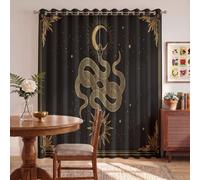 HASLEFND Dark Tarot Eyelet Blackout Curtains, 66" W x 54" L, 2 Panels | Coiled Serpent Moon Sun Light Darkening Window Drapes, Decorative Nursery Curtains for Kids Bedroom Gold