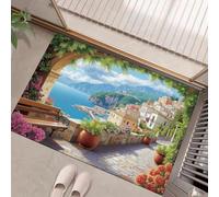 HASLEFND Door Mat Indoor Outdoor 90 x 150 cm Mediterranean Scenery Arches Seaside Town Entrance Floor Mats Non-Slip Doormats Washable Absorbent Dirt Trapper Low Profile Floor Rug Blue