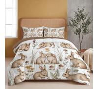 HASLEFND Forest Animals Coverless Double Duvet Set 3 Pieces | with 2 Pillowcases Coverless Duvet with Beige Rabbit Mushroom Leaves Washable Reversible All Seasons Lightweight Warm - 200 x 200 cm
