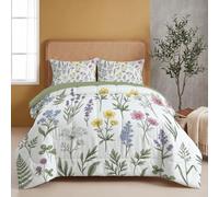HASLEFND Fresh Botanical Style Coverless Single Duvet Set 4.5 Tog 2 Pieces | 140 x 200 cm Lightweight Quilt, 1 Pillowcase 50×75cm, Soft Microfibre Daisy Wildflower Fern Leaves Bed Cover Bedding,Green