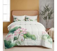 HASLEFND Fresh Flowers Coverless King Duvet Set 3 Pieces | with 2 Pillowcases Coverless Duvet with Green Watercolor Lotus Pond Washable Reversible All Seasons Lightweight Warm - 220 x 240 cm