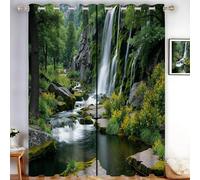 HASLEFND Fresh Forest Style Waterfalls, Streams, Moss Thermal Blockout Curtains with Eyelet Top - 66" W x 54" L - Energy Saving & Noise Reducing Curtains for Living Room & Bedroom - Green