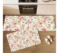 HASLEFND Fresh Watercolor Style Kitchen Rug Set 2 Piece Non Slip and Anti Fatigue Kitchen Mat, Small Purple Flowers,Hallway Runner Set, Dining Room, Entryway and Home Decoration Office Yellow Pink