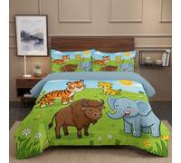 HASLEFND Fun Animals Coverless King Duvet Set 3 Pieces | with 2 Pillowcases Coverless Duvet with Green Tiger Buffalo Grassland Washable Reversible All Seasons Lightweight Warm - 220 x 240 cm