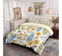 HASLEFND Garden Flowers Coverless Single Duvet Set 4.5 Tog 2 Pieces | 140 x 200 cm Lightweight Quilt, 1 Pillowcase 50×75cm, Soft Microfibre Daisy Branches And Leaves Bed Cover Bedding,Yellow