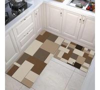 HASLEFND Geometric Collage Style Kitchen Rug Sets 2 Piece Kitchen Mats Non Slip Washable Kitchens Runners Floor Mat Brown Beige Rectangular Block for Kitchens Laundry Room Hallway 40x60+40x120cm