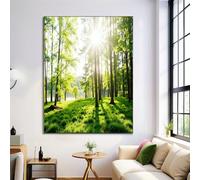 HASLEFND Green UnFramed Canvas Prints Wall Art Set, Natural Scenery Wall Decor, Sunlight Filtering Through The Trees Canvas Artwork for Living Room, Bedroom, Dining Room, Office, 30 x 40 cm
