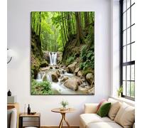 HASLEFND Green UnFramed Canvas Prints Wall Art Set, Natural Scenery Wall Decor, Waterfall In The Forest Canvas Artwork for Living Room, Bedroom, Dining Room, Office, 80 x 120 cm
