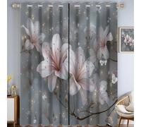 HASLEFND Grey Blackout Curtains for Living Room 54 Drop Luxury Flowers Pink Lilies Blackout Curtains Thermal Insulated Curtain Eyelet Curtain 46" W x 54" L Inch Two Panels