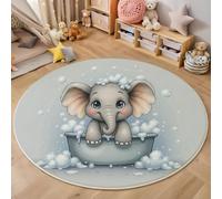 HASLEFND Grey Round Rug for Kids Bedroom,80cm Baby Elephant Takes A Bath Cute Animals Circle Rug for Playroom, Washable Rugs for Nursery, Small Circular Carpet for Classroom Dorm Daycare