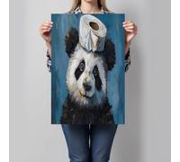 HASLEFND Interesting Animals Wall Art Giant Panda Balancing Toilet Paper UnFramed Canvas Wall Art Blue Walls Decor for Living Room Bedroom Restaurant Home Office Walls Decoration,70 x 100 cm