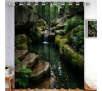 HASLEFND Japanese Zen Style Stream, Moss, Rocks Thermal Blockout Curtains with Eyelet Top - 46" W x 54" L - Energy Saving & Noise Reducing Curtains for Living Room & Bedroom - Dark Green