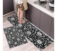 HASLEFND Kitchen Rug Sets 2 Piece Kitchen Mats Non Slip Washable Kitchens Runners Floor Mat Black And White European Retro Style White Flowers for Kitchens Laundry Room Hallway 50x80+50x150cm