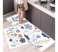 HASLEFND Kitchen Rug Sets 2 Piece Kitchen Mats Non Slip Washable Kitchens Runners Floor Mat Blue-Purple Simple Floral Hand-Painted Flowers And Leaves for Kitchens Laundry Room Hallway 50x80+50x150cm