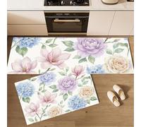 HASLEFND Kitchen Rug Sets 2 Piece Kitchen Mats Non Slip Washable Kitchens Runners Floor Mat Blue-Purple Watercolor Flowers Hydrangea Magnolia for Kitchens Laundry Room Hallway 45x75+45x150cm